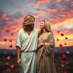 A surreal and emotional depiction of Kurt Cobain as a modern-day Jesus, standing with Mary Magdalene in a dramatic landscape