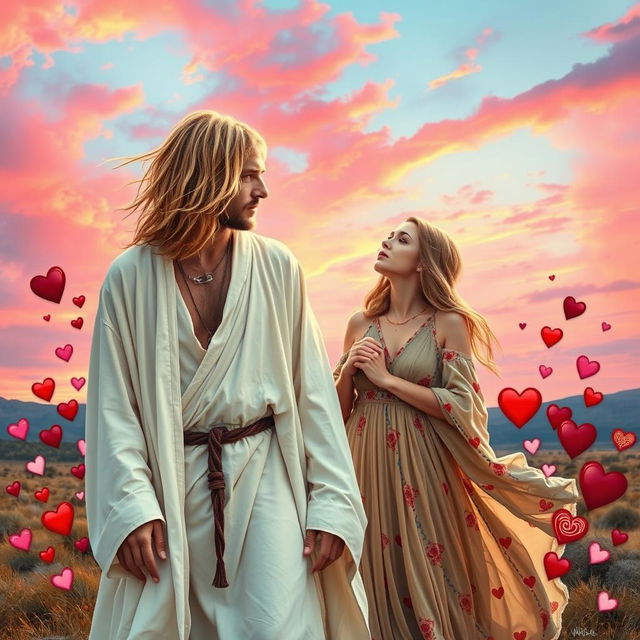 A surreal and emotional depiction of Kurt Cobain as a modern-day Jesus, standing with Mary Magdalene in a dramatic landscape