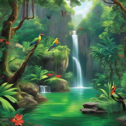 A lush green jungle with a clear waterfall cascading down a rocky cliff into a serene pool. Colorful, tropical birds are perched in the canopy, their vibrant hues contrasting with the verdant foliage surrounding them.