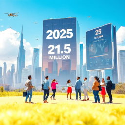 A futuristic landscape showcasing a corporate office building reaching new heights in the year 2025