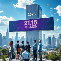 A futuristic landscape showcasing a corporate office building reaching new heights in the year 2025