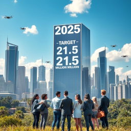 A futuristic landscape showcasing a corporate office building reaching new heights in the year 2025