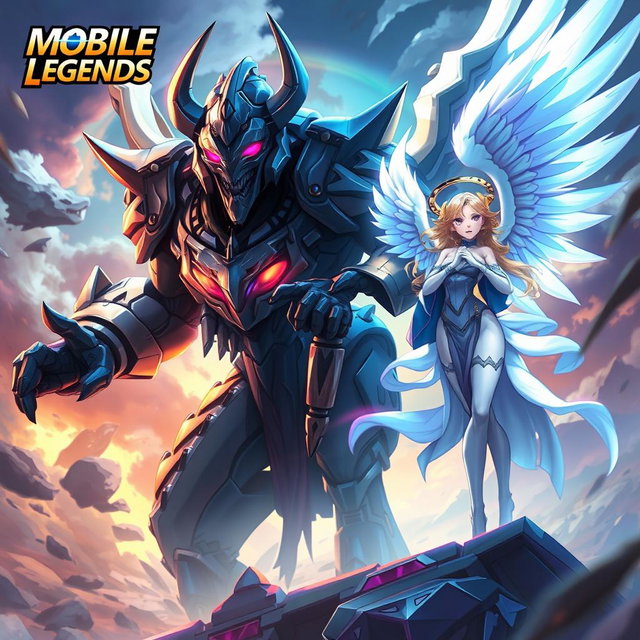 A powerful character design of Zhask combined with the Kaiju no 8 anime character, posed dramatically in a cinematic style amidst a dynamic and vibrant background