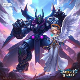 A powerful character design of Zhask combined with the Kaiju no 8 anime character, posed dramatically in a cinematic style amidst a dynamic and vibrant background