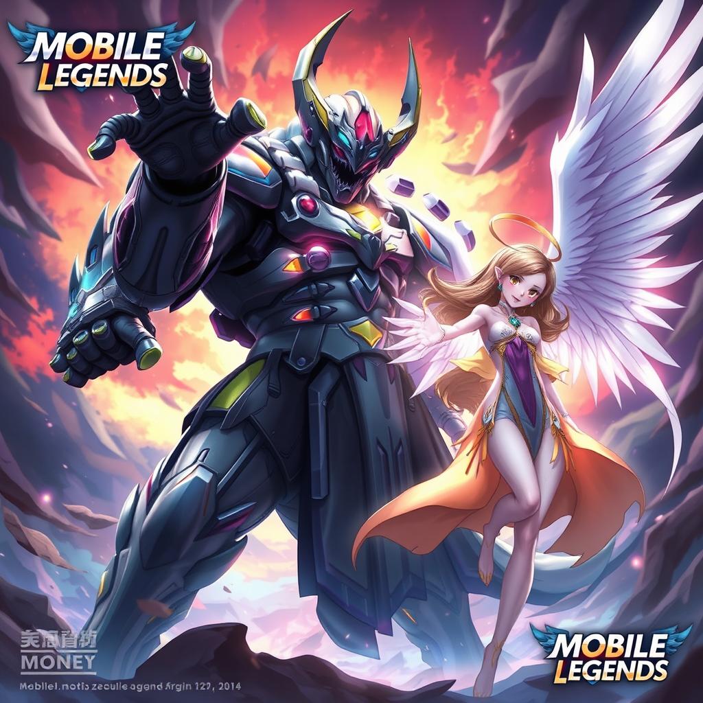 A powerful character design of Zhask combined with the Kaiju no 8 anime character, posed dramatically in a cinematic style amidst a dynamic and vibrant background