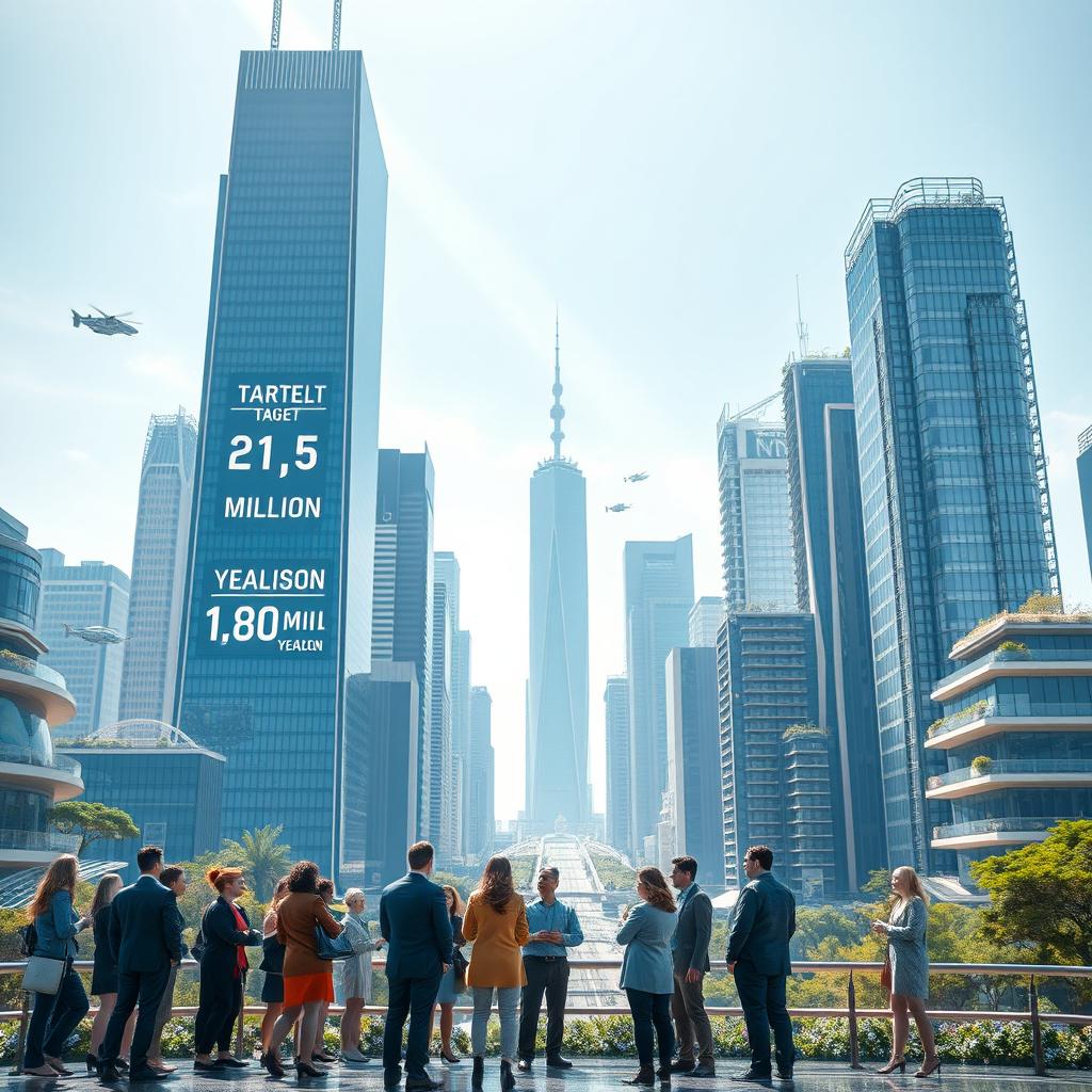 A futuristic city landscape illustrating a corporate initiative reaching new heights in 2025