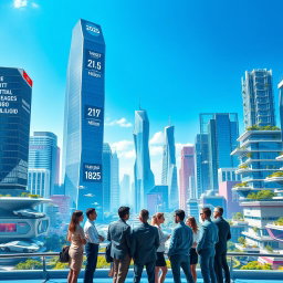 A futuristic city landscape illustrating a corporate initiative reaching new heights in 2025