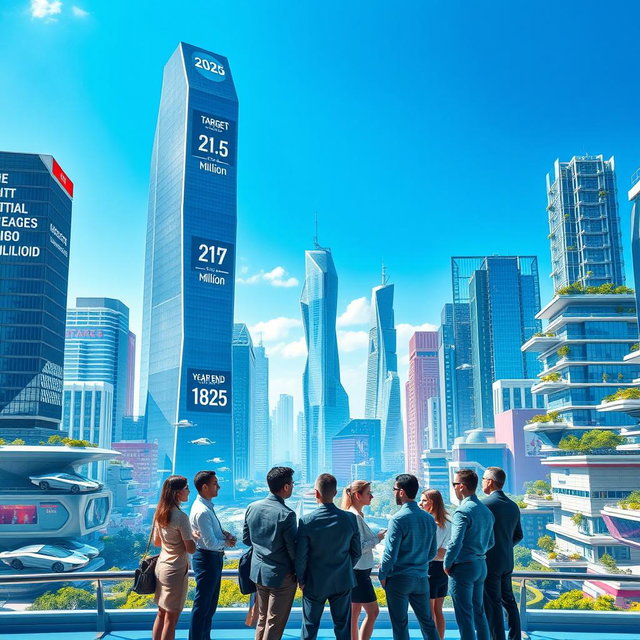 A futuristic city landscape illustrating a corporate initiative reaching new heights in 2025