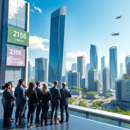 A futuristic city landscape illustrating a corporate initiative reaching new heights in 2025