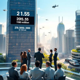 A futuristic city landscape illustrating a corporate initiative reaching new heights in 2025