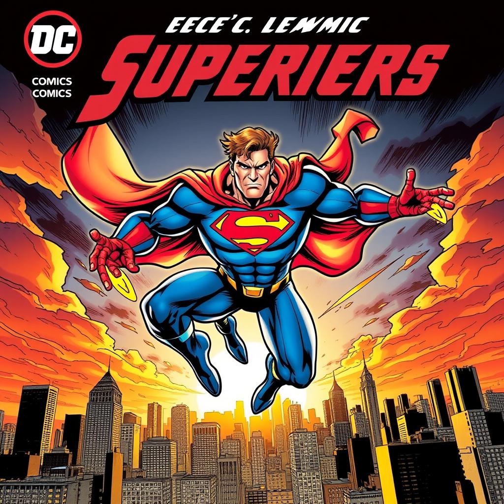 A dynamic comic book cover featuring a superhero in action, showcasing their powerful pose as they leap through the air