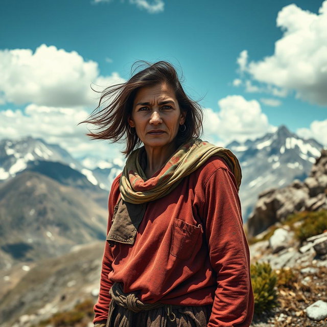 A poor woman standing on a rugged mountain landscape, wearing tattered but colorful clothing that reflects her spirit despite her struggles