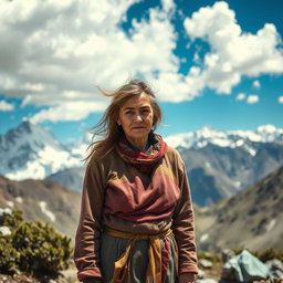 A poor woman standing on a rugged mountain landscape, wearing tattered but colorful clothing that reflects her spirit despite her struggles