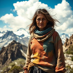 A poor woman standing on a rugged mountain landscape, wearing tattered but colorful clothing that reflects her spirit despite her struggles
