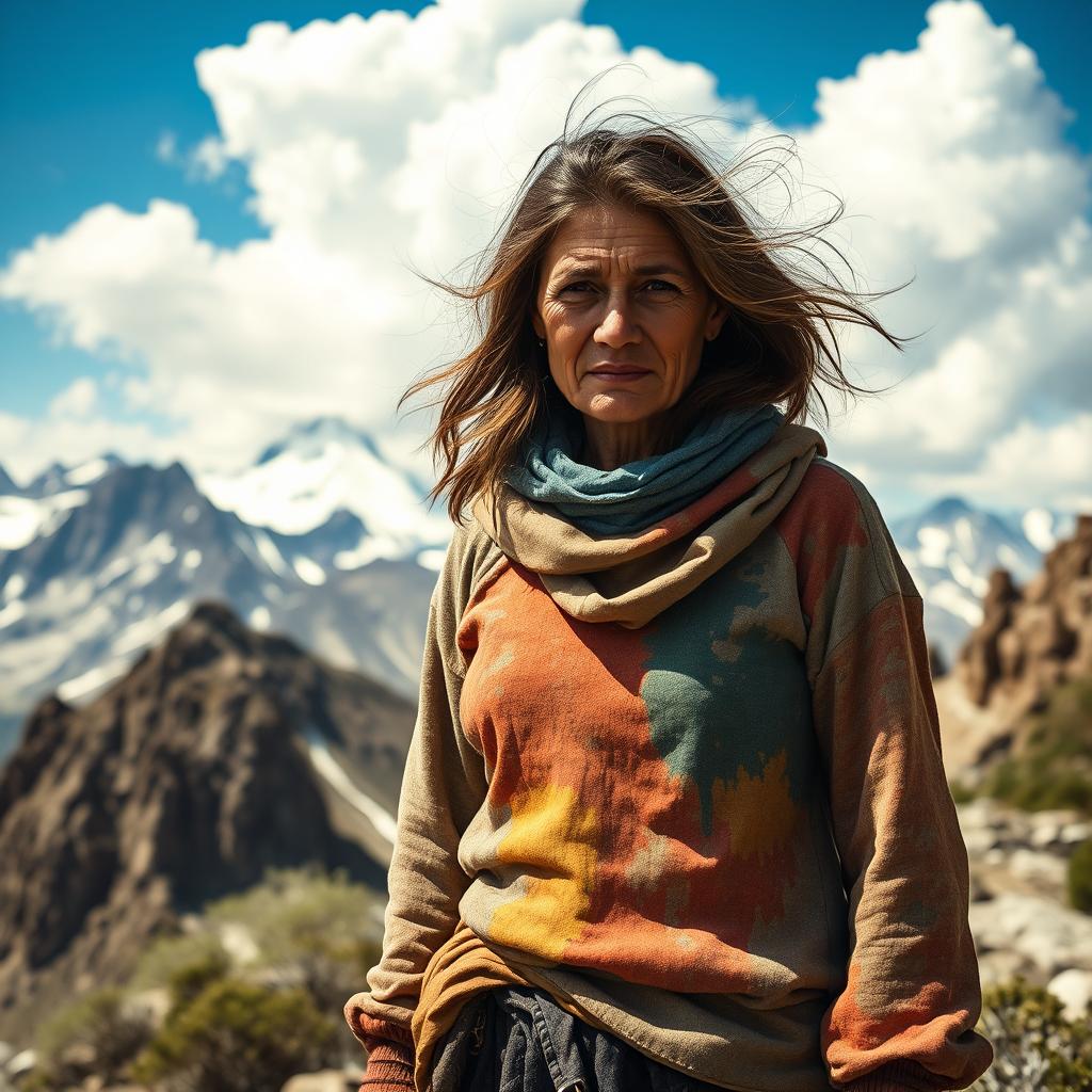 A poor woman standing on a rugged mountain landscape, wearing tattered but colorful clothing that reflects her spirit despite her struggles