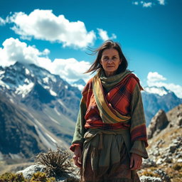 A poor woman standing on a rugged mountain landscape, wearing tattered but colorful clothing that reflects her spirit despite her struggles
