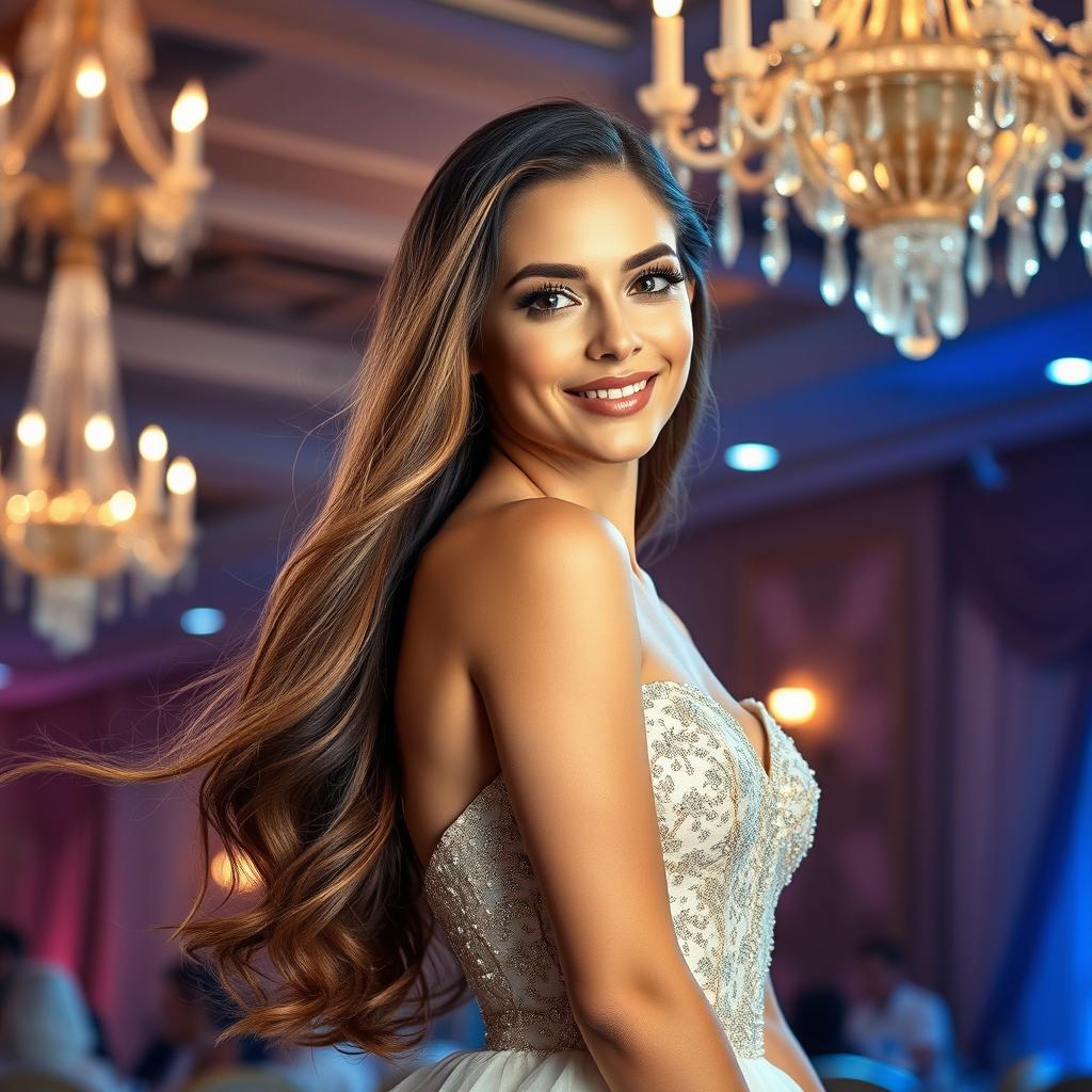 A beautiful young woman with long flowing hair, wearing an elegant evening gown that shimmers in the light