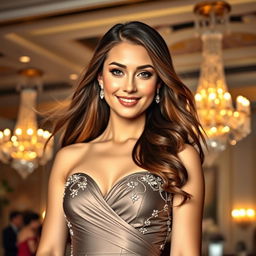 A beautiful young woman with long flowing hair, wearing an elegant evening gown that shimmers in the light