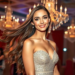 A beautiful young woman with long flowing hair, wearing an elegant evening gown that shimmers in the light