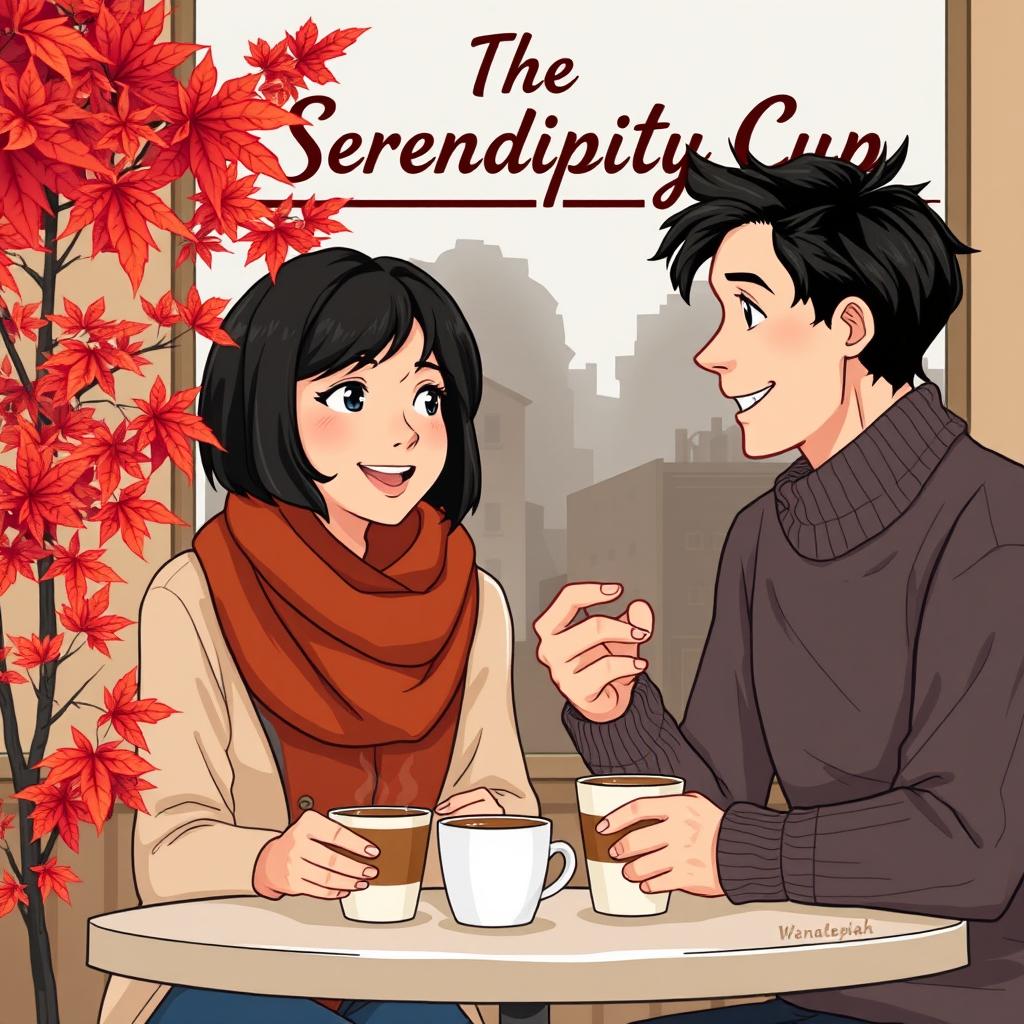 An illustration of a cozy small coffee shop in Vancouver named 'The Serendipity Cup'