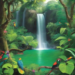 A lush green jungle with a clear waterfall cascading down a rocky cliff into a serene pool. Colorful, tropical birds are perched in the canopy, their vibrant hues contrasting with the verdant foliage surrounding them.