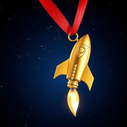 A stunning gold medal designed in the shape of a rocket, featuring intricate details such as fins, a flame at the bottom, and stars in the background