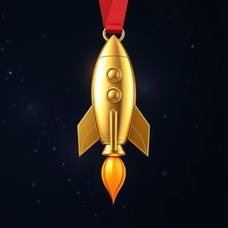 A stunning gold medal designed in the shape of a rocket, featuring intricate details such as fins, a flame at the bottom, and stars in the background