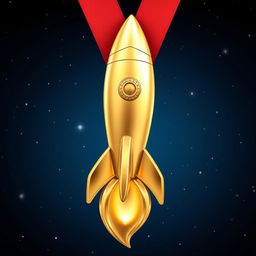 A stunning gold medal designed in the shape of a rocket, featuring intricate details such as fins, a flame at the bottom, and stars in the background