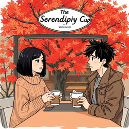 An illustration of a small coffee shop in Vancouver called 'The Serendipity Cup'