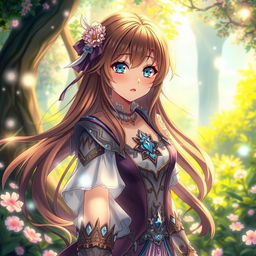 A stunning transformation scene featuring a beautiful anime girl with flowing long brown hair and bright blue eyes, dressed in an elaborate fantasy outfit with intricate details