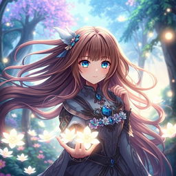 A stunning transformation scene featuring a beautiful anime girl with flowing long brown hair and bright blue eyes, dressed in an elaborate fantasy outfit with intricate details