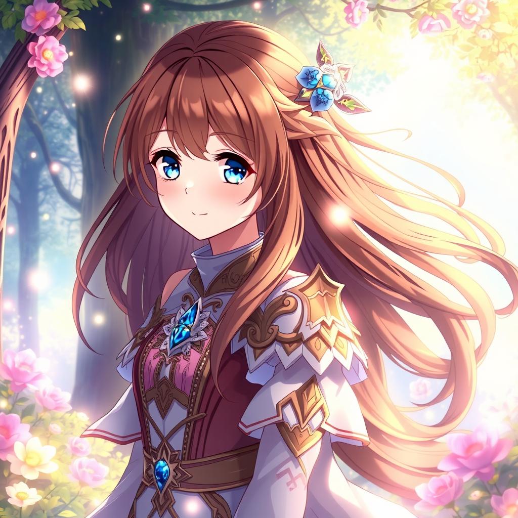 A stunning transformation scene featuring a beautiful anime girl with flowing long brown hair and bright blue eyes, dressed in an elaborate fantasy outfit with intricate details