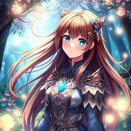 A stunning transformation scene featuring a beautiful anime girl with flowing long brown hair and bright blue eyes, dressed in an elaborate fantasy outfit with intricate details