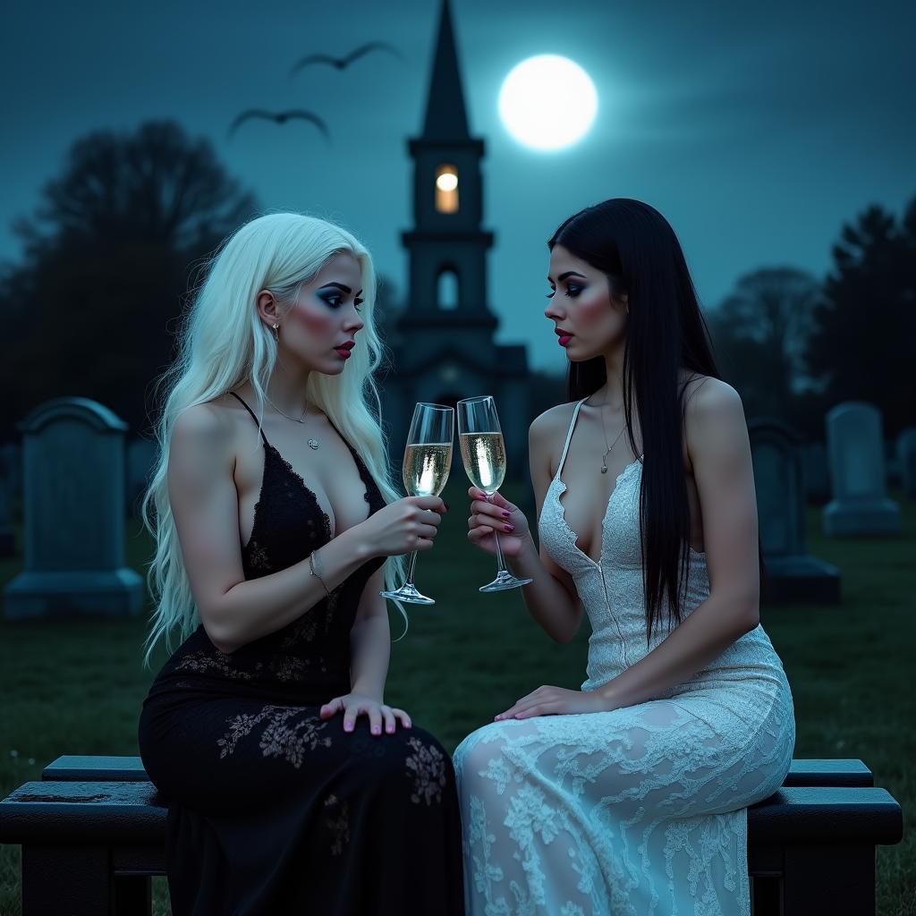 A very beautiful and stunning scene featuring two attractive 18-year-old girls in a cemetery at midnight