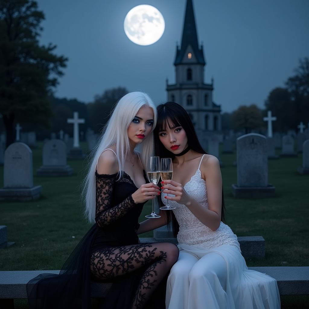 A very beautiful and stunning scene featuring two attractive 18-year-old girls in a cemetery at midnight
