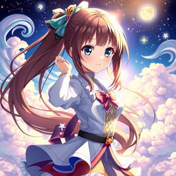 A captivating transformation scene featuring an exquisite anime girl with long, flowing brown hair and striking blue eyes