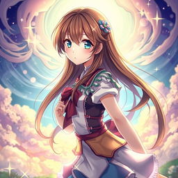 A captivating transformation scene featuring an exquisite anime girl with long, flowing brown hair and striking blue eyes