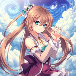 A captivating transformation scene featuring an exquisite anime girl with long, flowing brown hair and striking blue eyes