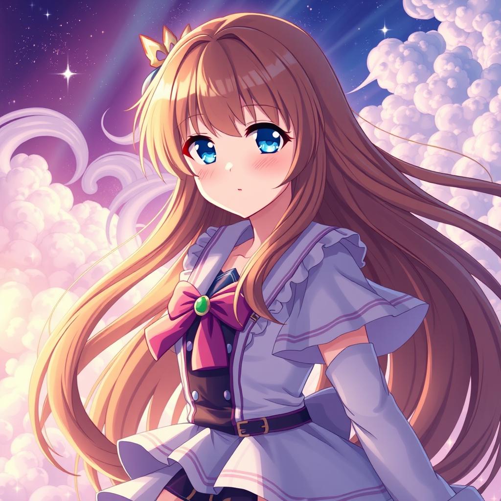 A captivating transformation scene featuring an exquisite anime girl with long, flowing brown hair and striking blue eyes