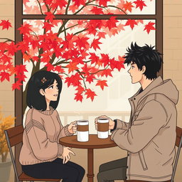 An illustration of a quaint small coffee shop located in Vancouver, featuring two individuals engaged in conversation over two cups of coffee placed on a small table