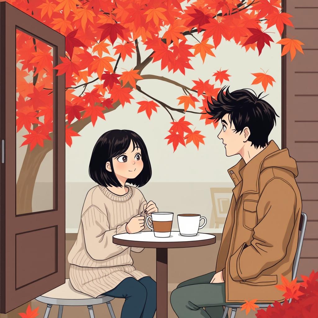 An illustration of a quaint small coffee shop located in Vancouver, featuring two individuals engaged in conversation over two cups of coffee placed on a small table
