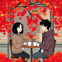 An illustration of a quaint small coffee shop located in Vancouver, featuring two individuals engaged in conversation over two cups of coffee placed on a small table