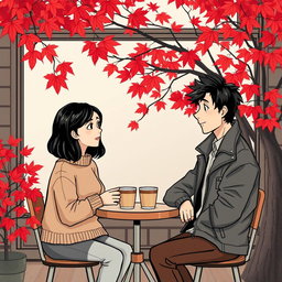 An illustration of a quaint small coffee shop located in Vancouver, featuring two individuals engaged in conversation over two cups of coffee placed on a small table