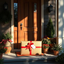 A cozy and inviting front porch with a wooden door, showcasing a large, beautifully wrapped package placed at its base