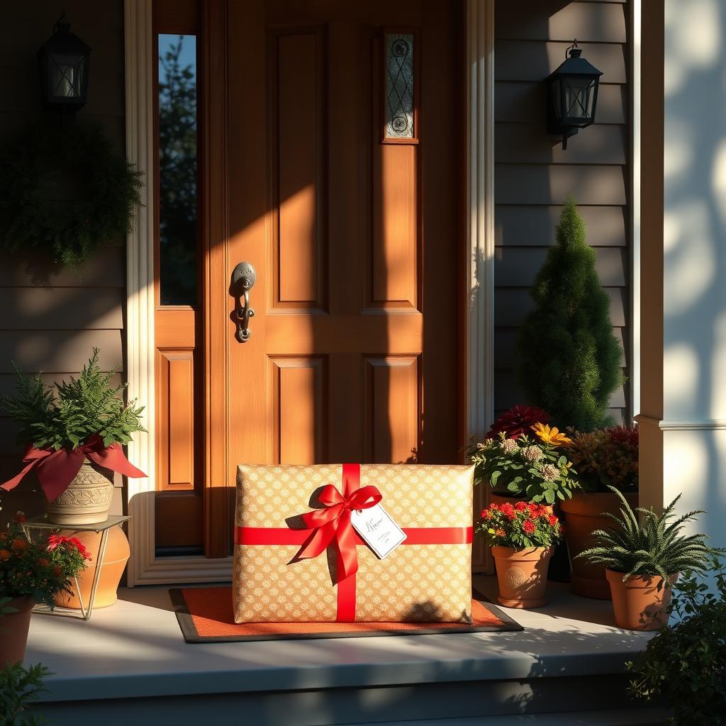 A cozy and inviting front porch with a wooden door, showcasing a large, beautifully wrapped package placed at its base
