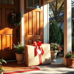 A cozy and inviting front porch with a wooden door, showcasing a large, beautifully wrapped package placed at its base