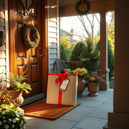 A cozy and inviting front porch with a wooden door, showcasing a large, beautifully wrapped package placed at its base
