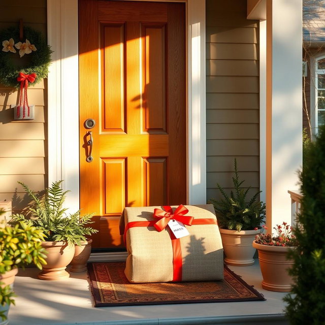A cozy and inviting front porch with a wooden door, showcasing a large, beautifully wrapped package placed at its base