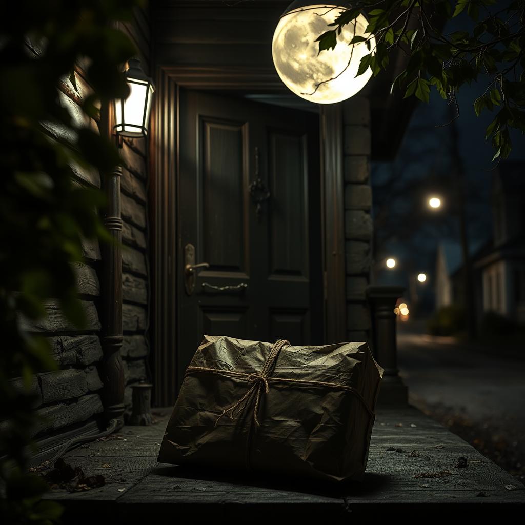 A mysterious, scary package sits ominously at the front door of an old, creaky house
