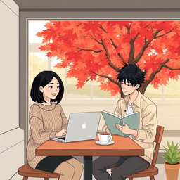 An illustration of a charming small coffee shop in Vancouver, featuring two individuals engrossed in conversation over two cups of coffee on the table